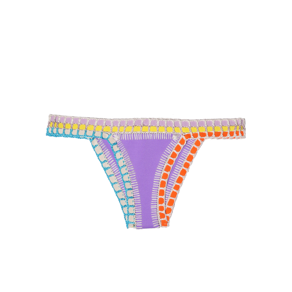 front image of lavender color kiini bikini bottom with multi color crochet elastic trim