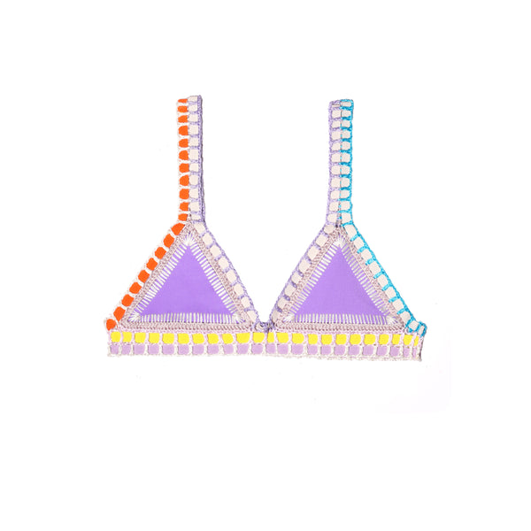 front image of lavender color kiini bikini bottom with multi color crochet elastic trim