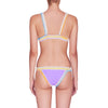 back image of lavender color kiini bikini top and bottom with multi color crochet elastic trim on model
