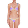 front image of lavender color kiini bikini top and bottom with multi color crochet elastic trim on model
